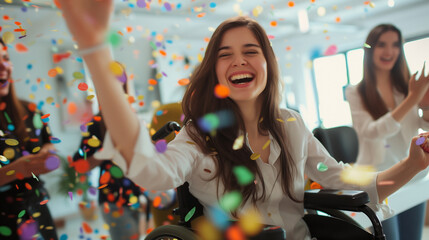 a joyful moment of a happy, disabled woman in a wheelchair celebrating a new job offer or career success.