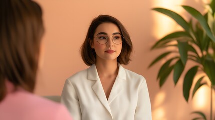 Woman therapist and patient in cozy office, natural light, , intimate setting, professional interaction, warm tones, high clarity, supportive environment