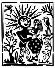Girl dancing with sun. Brazilian cordel woodcut vector illustration