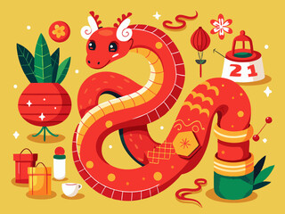 New year red snake. Chinese festive elements. Cartoon red snakes in different poses with Asian symbols. Zodiac horoscope serpent sign 2025. Vector set
