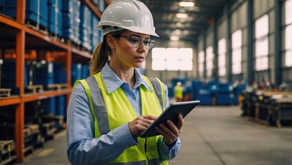 Professional Heavy Industry Engineer Worker Wearing Safety Uniform and Hard Hat, Using Tablet Computer. Serious Successful Female Industrial Specialist Walking in a Metal Manufacture Warehouse
