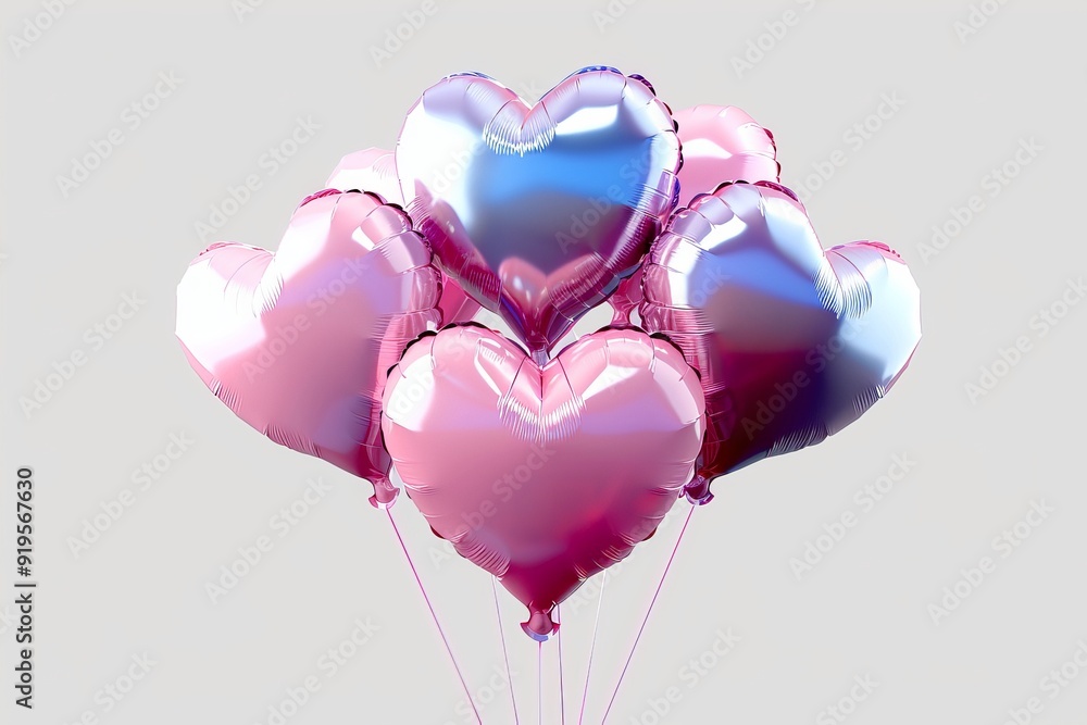 Poster the image features a group of pink heart-shaped balloons, captured with a sharp focus against a tran