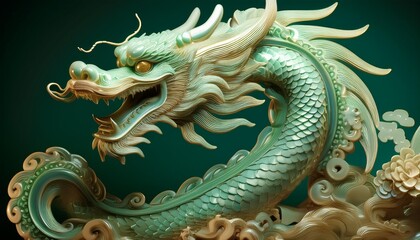 Fototapeta premium intricately carved jade dragon serpentine body fierce expression ornate details mystical aura soft diffused lighting traditional chinese backdrop