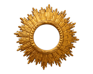 Round picture frame mirror empty circle blank cut out gold shiny circular gilded portrait frame front view, object isolated on white background, cut out mockup template, copy space, rays of light halo
