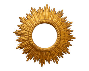 Round picture frame mirror empty circle blank cut out gold shiny circular gilded portrait frame front view, object isolated on white background, cut out mockup template, copy space, rays of light halo