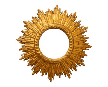 Round picture frame mirror empty circle blank cut out gold shiny circular gilded portrait frame front view, object isolated on white background, cut out mockup template, copy space, rays of light halo
