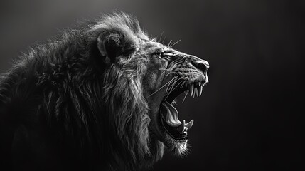 Roaring lion in black and white, intense side profile