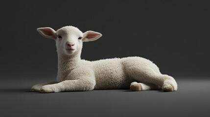 Fototapeta premium A fluffy white lamb lies on a grey background.