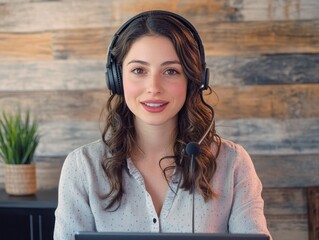 Friendly woman in headset ready to help at her desk.