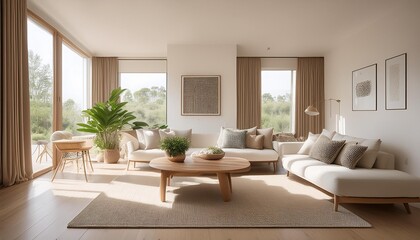 Minimalist living room with scandinavian design elements Featuring clean lines Natural textures And a serene ambiance