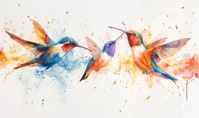 Abstract hummingbirds in watercolor on white.