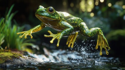 Obraz premium A green frog leaps over a stream in a lush forest.