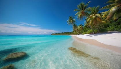 Naklejka premium photorealistic 3d rendering of a pristine tropical beach with crystalclear turquoise waters powdery white sand and lush palm trees created using advanced cgi technology