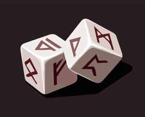Illustration Dice with runes. D6 light dice on a dark background