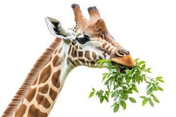 Obraz premium Giraffe standing and munching leaves isolated on a white background