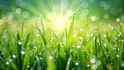 Fototapeta premium Vibrant green grass background with dew drops, lush, fresh, nature, garden, summer, landscape, texture, meadow, growth