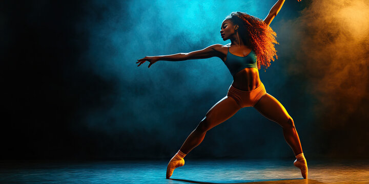 Young African American woman dancer performing graceful moves on stage