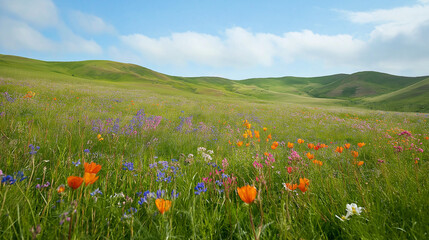 Fototapeta premium Rolling hills with wildflowers in bloom