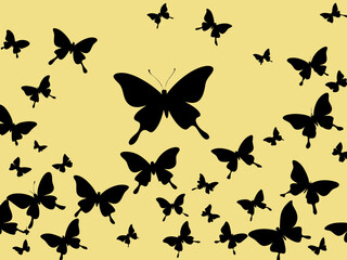 utterfly border. Seamless horizontal butterflies frame, flying moths black silhouettes group. Cute exotic insect flock. Vector isolated element
