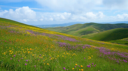 Fototapeta premium Rolling hills with wildflowers in bloom