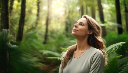 Naklejka premium Serene woman taking a deep breath in lush green forest, feeling relaxed and rejuvenated in nature, mindfulness concept photo