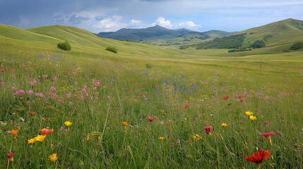 Rolling hills with wildflowers in bloom