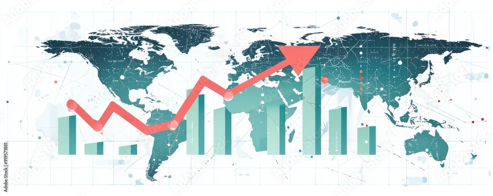 Poster global business growth illustration with red arrow showing increasing bar graph on world map backgro