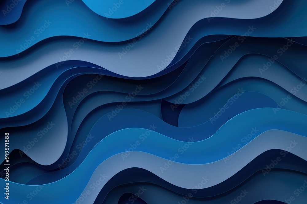 Poster abstract waves in varying shades of blue with dynamic curves and smooth textures creating a fluid ba