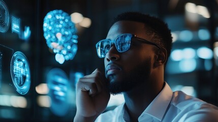 Male professional analyzing digital brain projection.