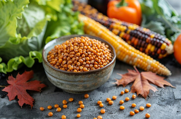 A bowl of red peas with vegetables and carrots, green lettuce, and corn cobs on a gray concrete table