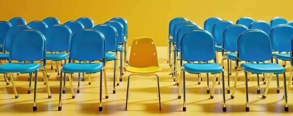One yellow chair stands out among a row of blue chairs. Concept of uniqueness, individuality, and standing out from the crowd.