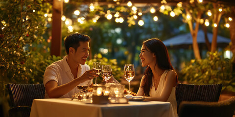 Asian couple enjoying dinner at outdoor patio restaurant