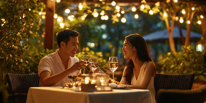 Asian couple enjoying dinner at outdoor patio restaurant