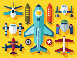 Airplane icons. Aircraft silhouettes flying jet, motor plane and drone military and commercial aviation pictogram. Aeroplane top view, air vehicles vector set
