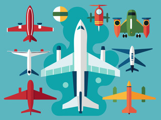 Airplane icons. Aircraft silhouettes flying jet, motor plane and drone military and commercial aviation pictogram. Aeroplane top view, air vehicles vector set
