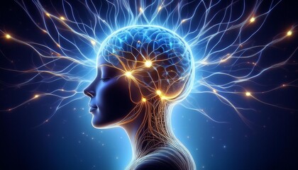 Silhouette of human head with glowing neurons in brain, mind power and esoteric meditation concept digital art