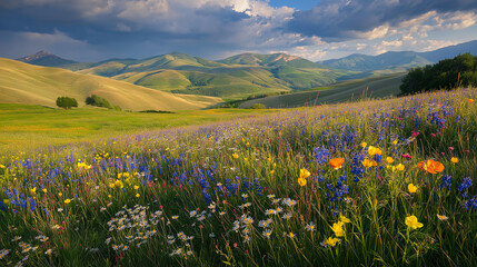 Obraz premium Rolling hills with wildflowers in bloom