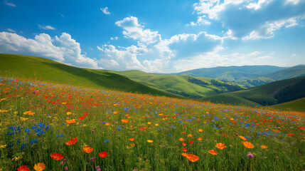 Naklejka premium Rolling hills with wildflowers in bloom