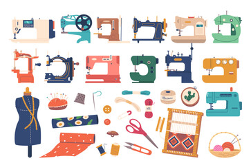 Collection Of Sewing Machines And Accessories. Threads, Spools, Fabric, Scissors And Sewing Tools For Crafting Projects