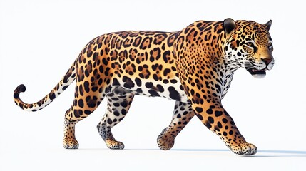 Obraz premium A jaguar with its spotted coat walks on a white background.