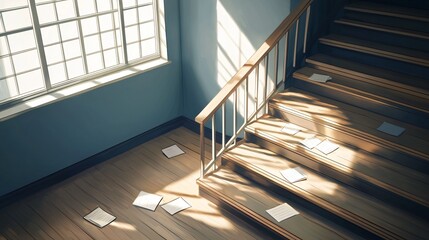 Obraz premium Anime style school stairs with scattered papers and sunlight streaming through a nearby window capturing the quiet between classes school life detail