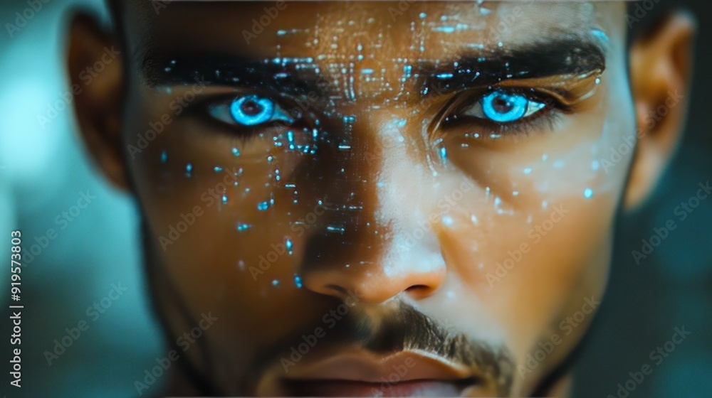 Wall mural Attractive African American man with blue eyes, his face adorned in glowing digital patterns that create the illusion he is part robot or cyborg, look like artificial intelligence