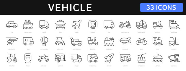 Vehicle thin line icons set. Transport sign. vehicle editable stroke icons collection. Vector illustration