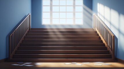 Obraz premium Anime style school stairs with scattered papers and sunlight streaming through a nearby window capturing the quiet between classes school life detail