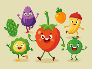 Vegetable character. Cartoon retro mascot vegetables. Funny green vitamin plant food, cute tomato, running pumpkin, healthy eggplant, nature avocado. Vector set
