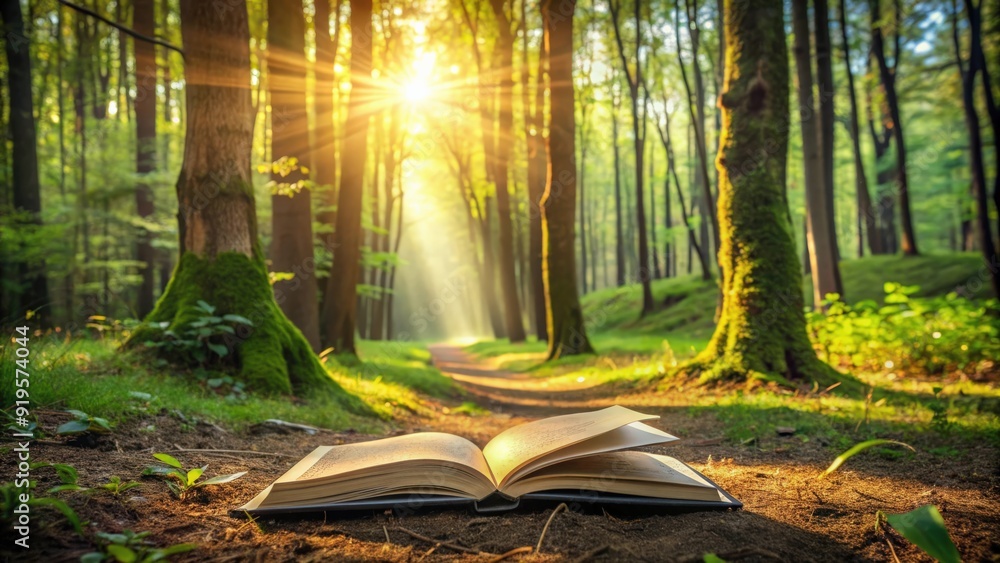 Poster Open book on forest floor with sunlight filtering through trees, creating a serene reading environment, autumn, forest, book