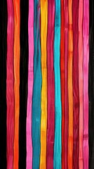Brightly colored wood strips are arranged vertically against a dark backdrop, showcasing an artistic blend of hues