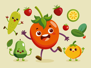 Vegetable character. Cartoon retro mascot vegetables. Funny green vitamin plant food, cute tomato, running pumpkin, healthy eggplant, nature avocado. Vector set
