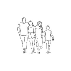 dessin en ligne continue d'une famille marchant de face, line art, vecteur