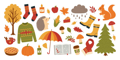 Cozy autumn elements set. Colorful collection with leaves, mushrooms, trees, pumpkin, sweater, rubber boots, animals and other stickers. Fall season. Vector illustration isolated on white